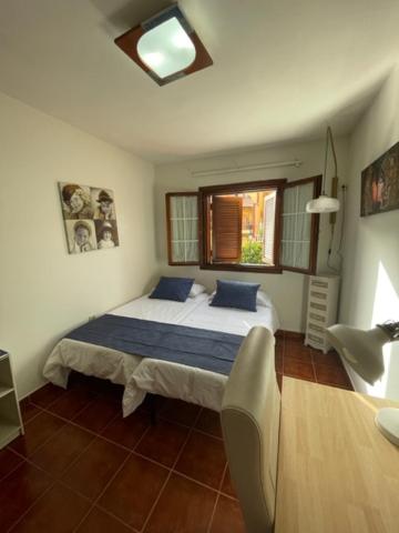 下布雷尼亚Lourdes 1 casa compartida solo con la anfitriona的一间卧室配有一张带蓝色枕头的床和一扇窗户。