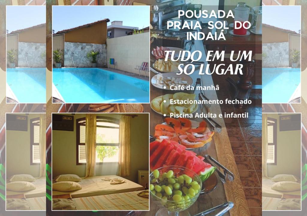 伯迪亚哥Pousada Praia Sol do Indaiá的一张带游泳池和标志的照片拼贴