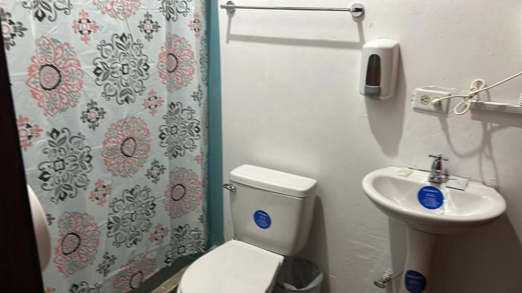 圣佩德罗苏拉SEVEN DAYS HOTEL B&B的浴室设有卫生间、水槽和淋浴帘