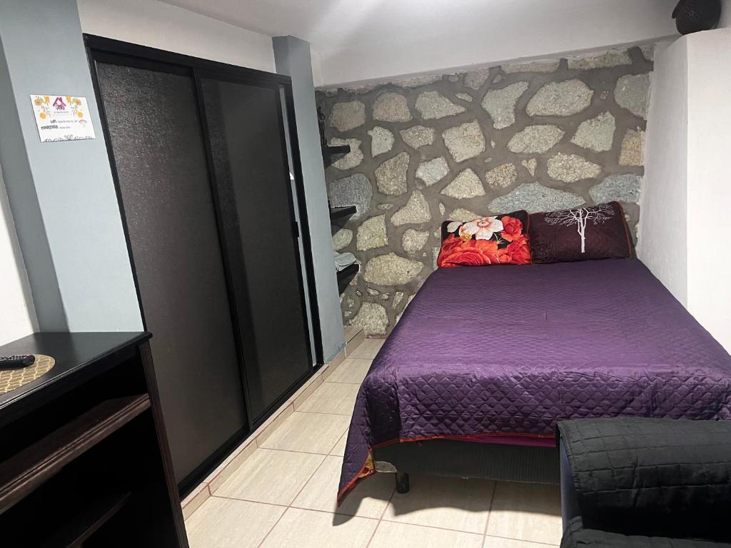 瓦哈卡市Departamento de Cantera的一间卧室配有一张紫色的床和石墙