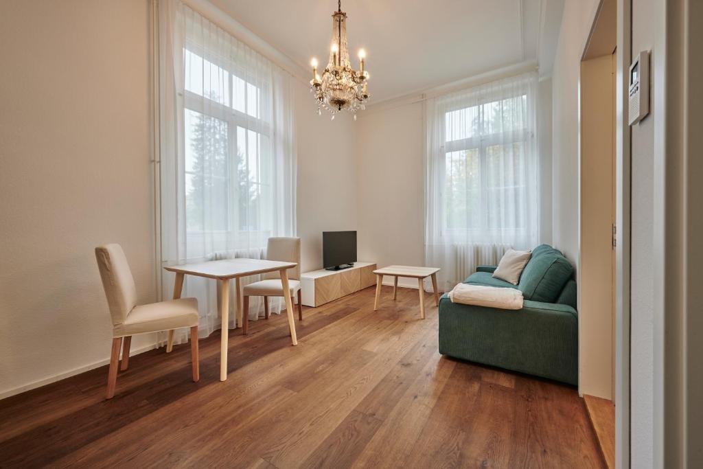 伯尔尼Perfect Location, comfortable & modern的客厅配有绿色沙发和桌子