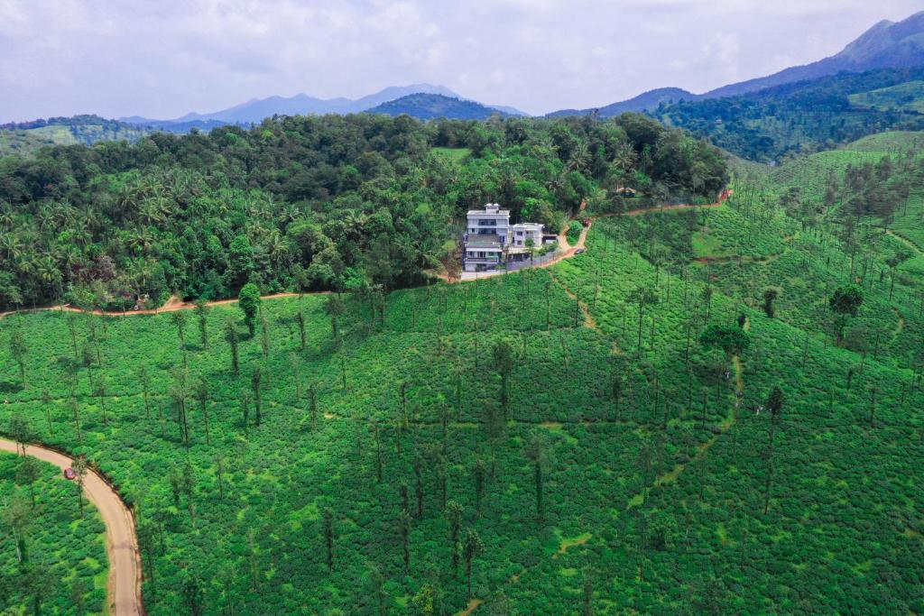 维特利Leaves Resort Vythiri Wayanad的山丘的空中景色,上面有房子