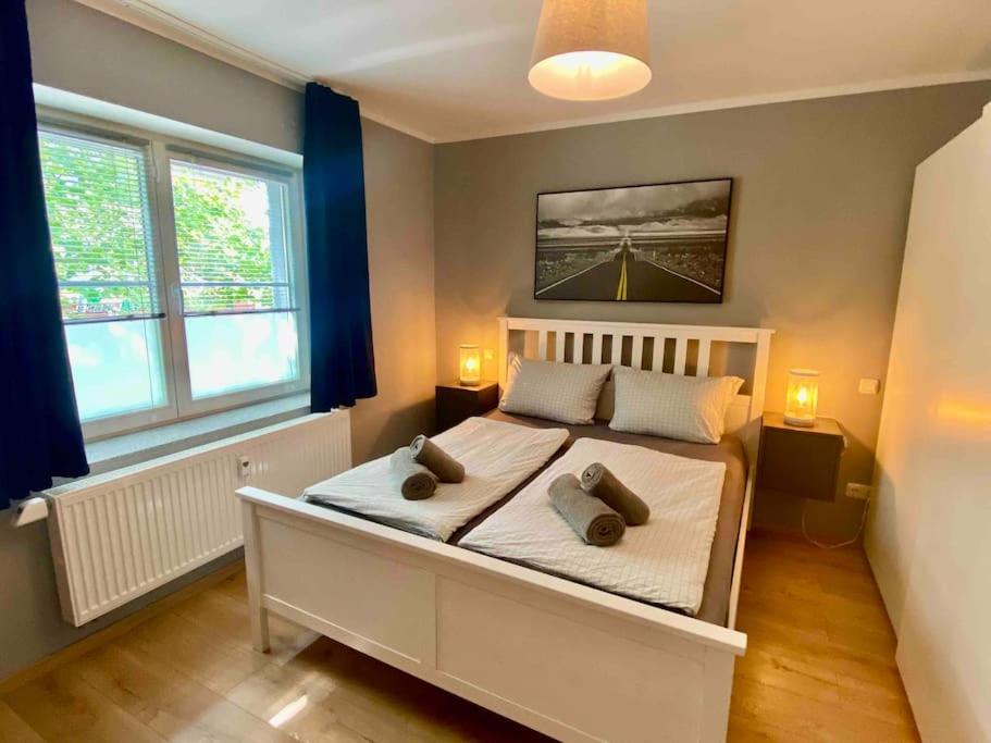 波茨坦Apartment in Potsdam-Babelsberg的一间卧室配有一张带两个枕头的床