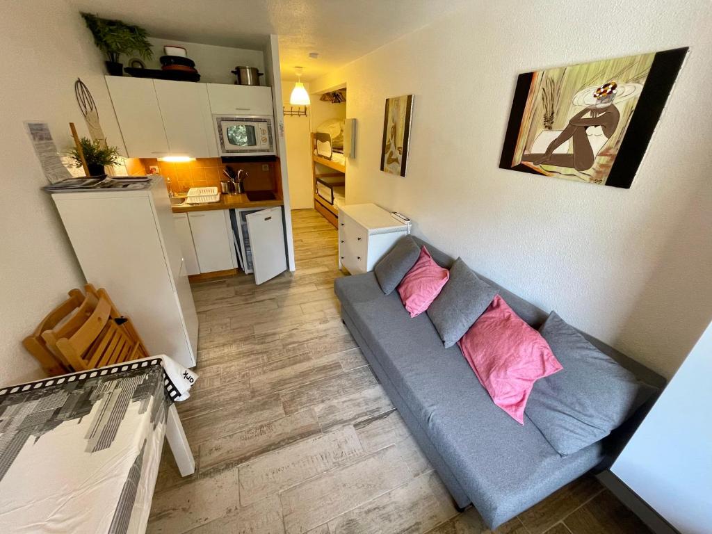 丰罗默奥代洛维亚Joli studio avec parking privé的客厅配有蓝色沙发及两个粉红色枕头