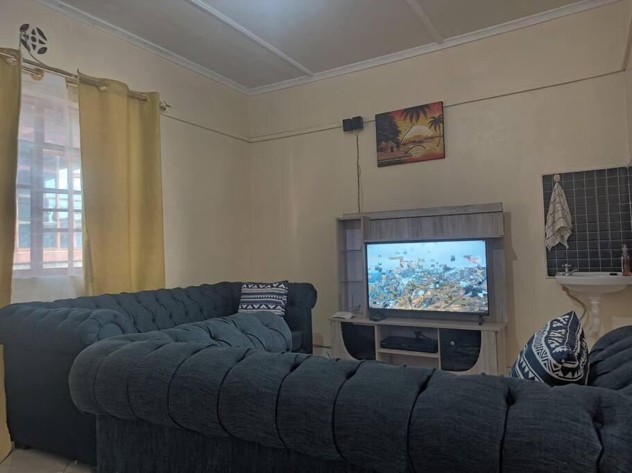 VoiJacon Homestays的客厅配有蓝色的沙发和电视