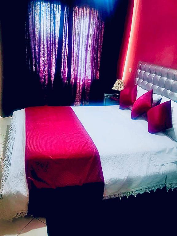 阿加迪尔Appartement luxueux Centre Agadir的一间卧室配有一张带红白毯子的床