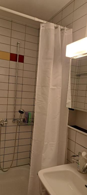 克罗伊茨林根Sonniges 1-Zimmerappartement mit Blick über Kreuzlingen的一间带白色淋浴帘的浴室