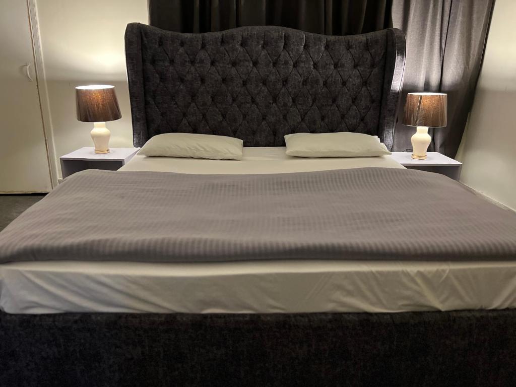 伊斯兰堡Two Bed Apartment F6 netflix wifi ac的一张大床,配有一个大床头板和两盏灯