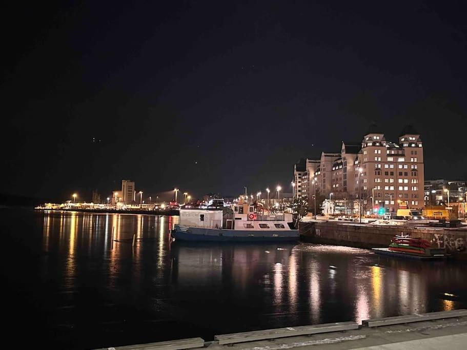 奥斯陆Amazing Studio by Royal Palace的船在晚上停靠在港口