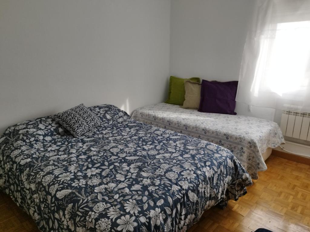 马德里Habitación luminosas en Vista Alegre的一间卧室设有两张床和窗户。