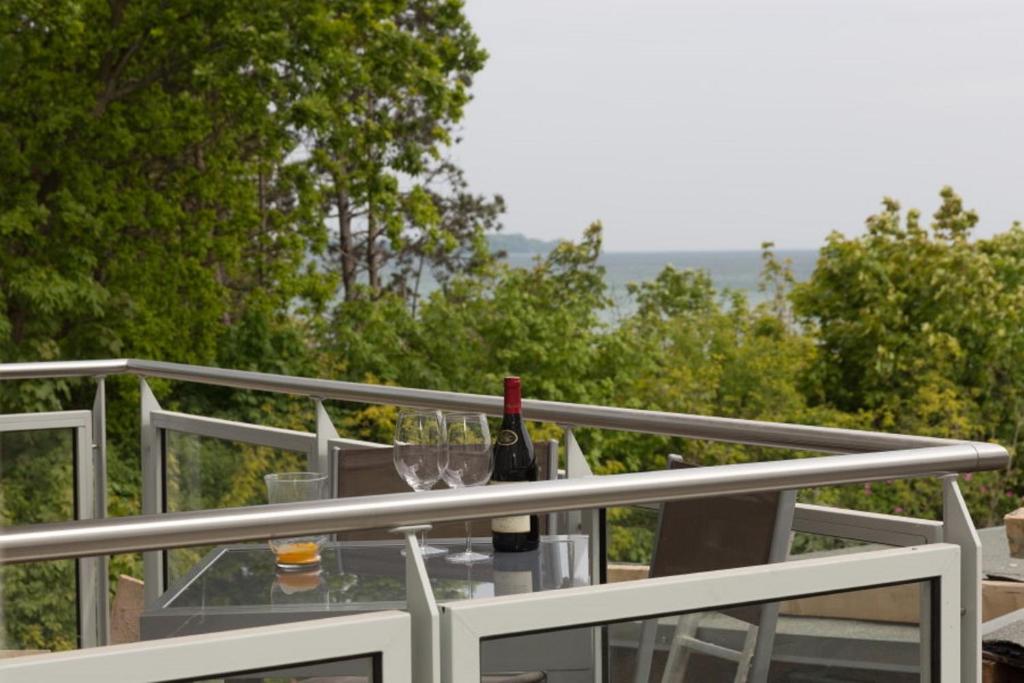 朱列斯拉赫Ferienwohnung Strandläufer的阳台上的玻璃桌和一瓶葡萄酒