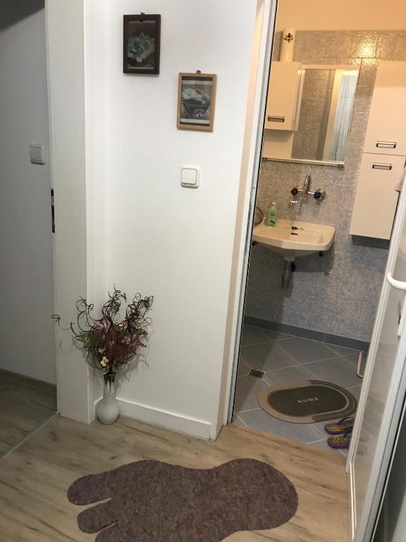普列文Cozy loft apartment的浴室设有水槽,地板上花瓶