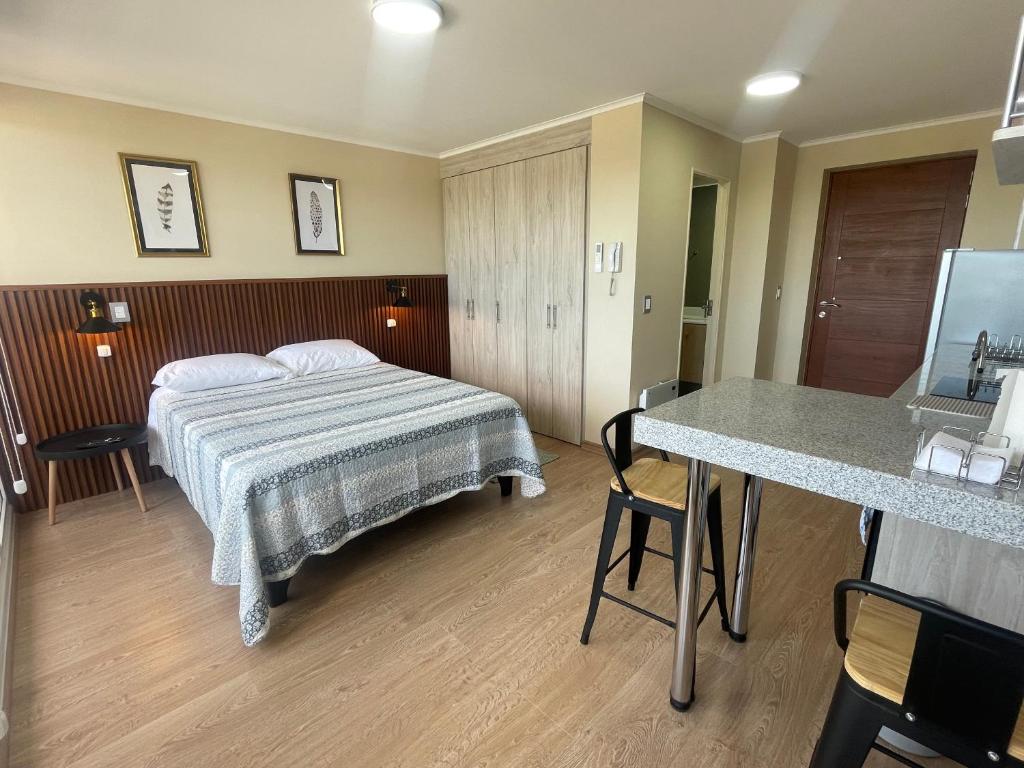 奇廉Depto central, parking, moderno的酒店客房配有一张床铺和一张桌子。