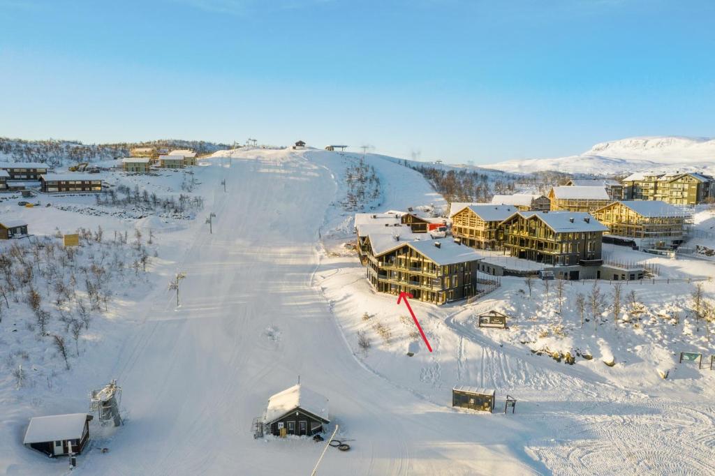 耶卢Kikut Alpine Lodge 9103的雪地中滑雪胜地的空中景观