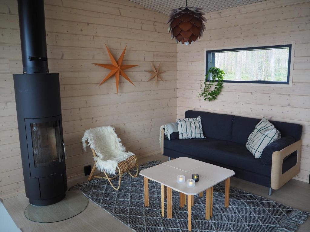 罗瓦涅米Scandinavian lakeside cottage的带沙发和炉灶的客厅