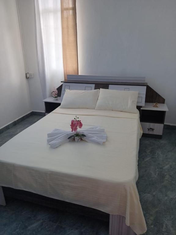 格兰贝伊Appartement au Centre de Grand Baie的一间卧室配有一张铺有白色床单和鲜花的床。