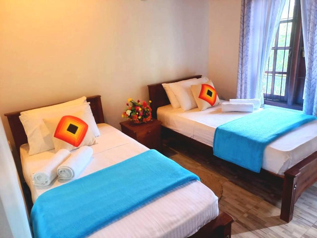卡图纳耶克Dinu Lanka Resort的客房设有两张床和窗户。