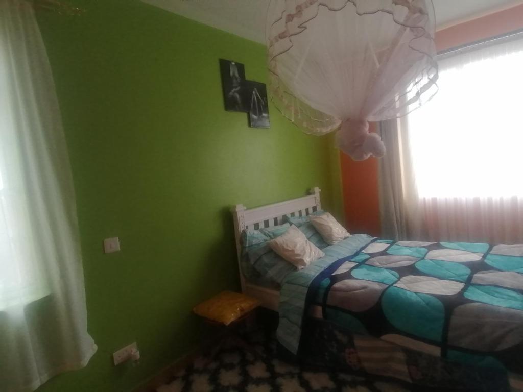 马查科斯FABELLA ACCOMODATION的一间卧室设有绿色的墙壁和一张带气球的床