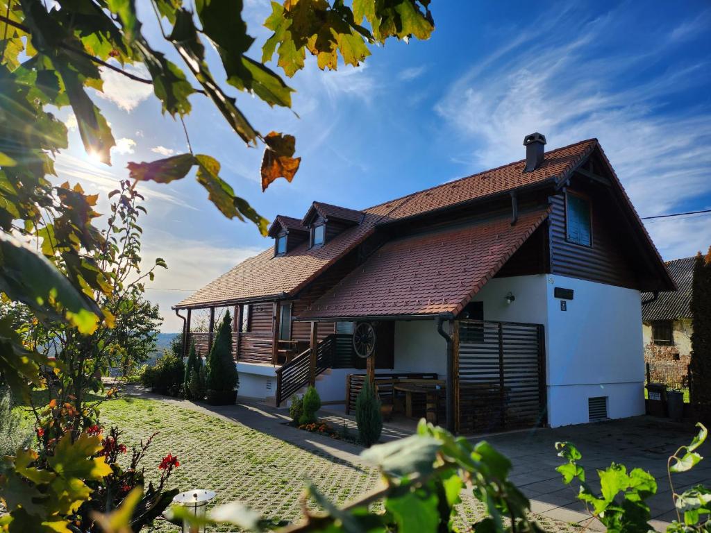 Gornji KoncovčakWinery & Rural Holiday Home Hren Hiža - Sveti Martin na Muri的一间木房子,拥有棕色的屋顶