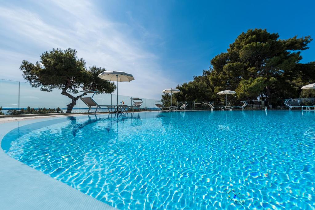 佩特坎内泊尼欧酒店的一个带椅子和遮阳伞的大型蓝色游泳池