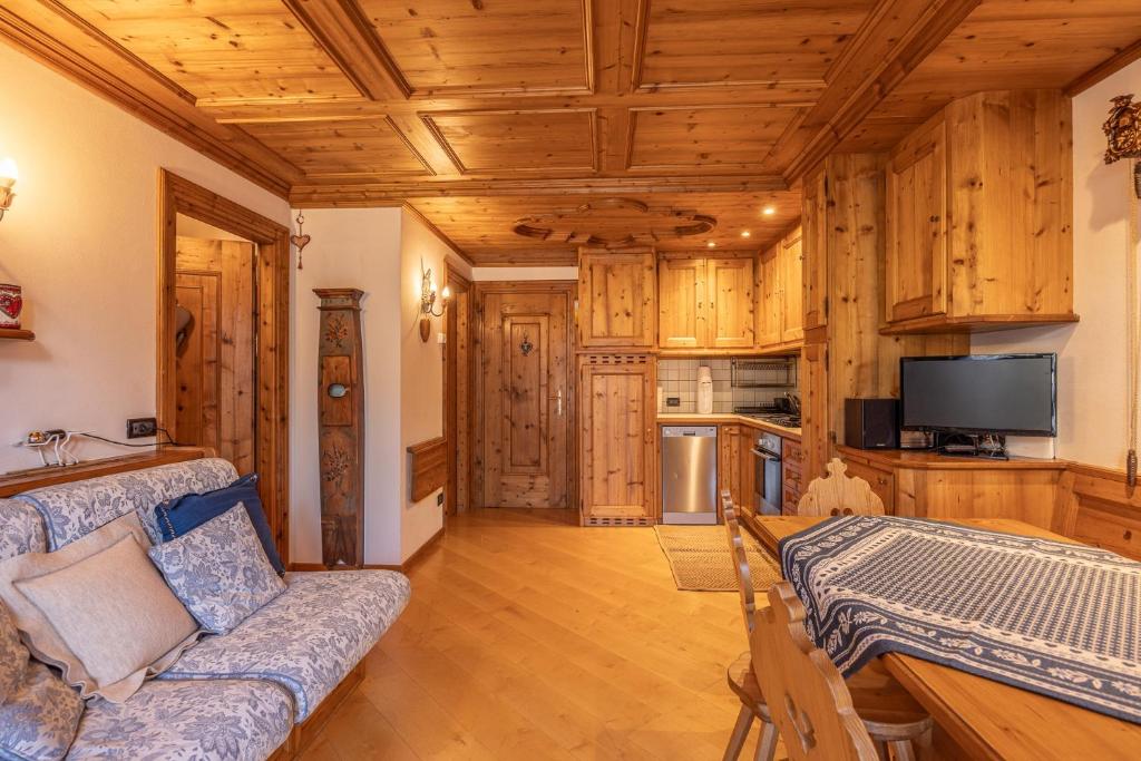 科尔蒂纳丹佩佐Casa Lacedel 2, on ski slopes的带沙发的客厅和带木制橱柜的厨房。