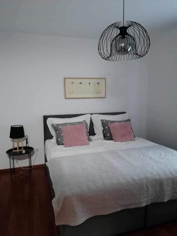 斯洛文尼亚比斯特里察Apartma Bistrica的一间卧室配有一张带粉红色枕头和吊灯的床。