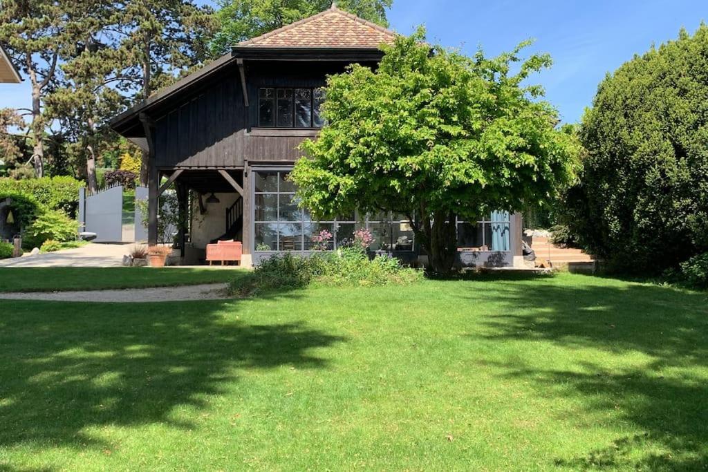 尼翁'Le Petit Clos Suites'- Charming Garden Villa on Leman Lake的院子前有树的房子