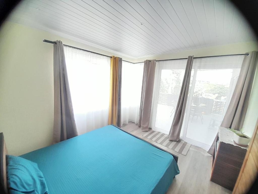 路易港Rooftop apartment的一间卧室设有蓝色的床和大窗户