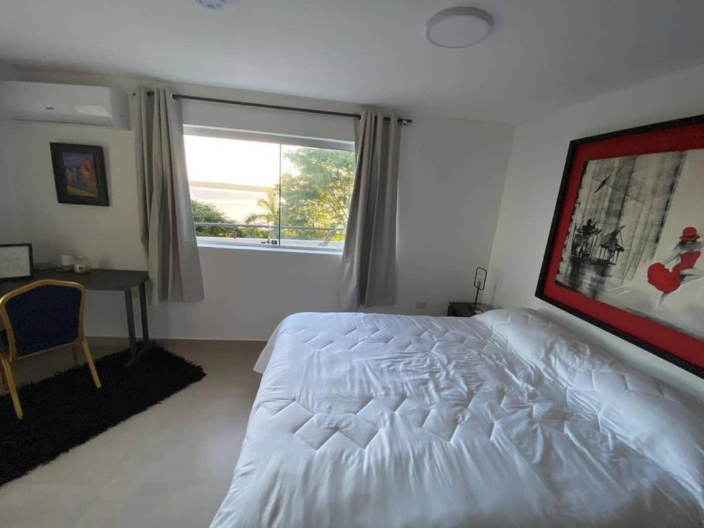 圣贝纳迪诺Hab. Penthouse y Terraza Privada Tango的卧室配有白色的床和窗户。