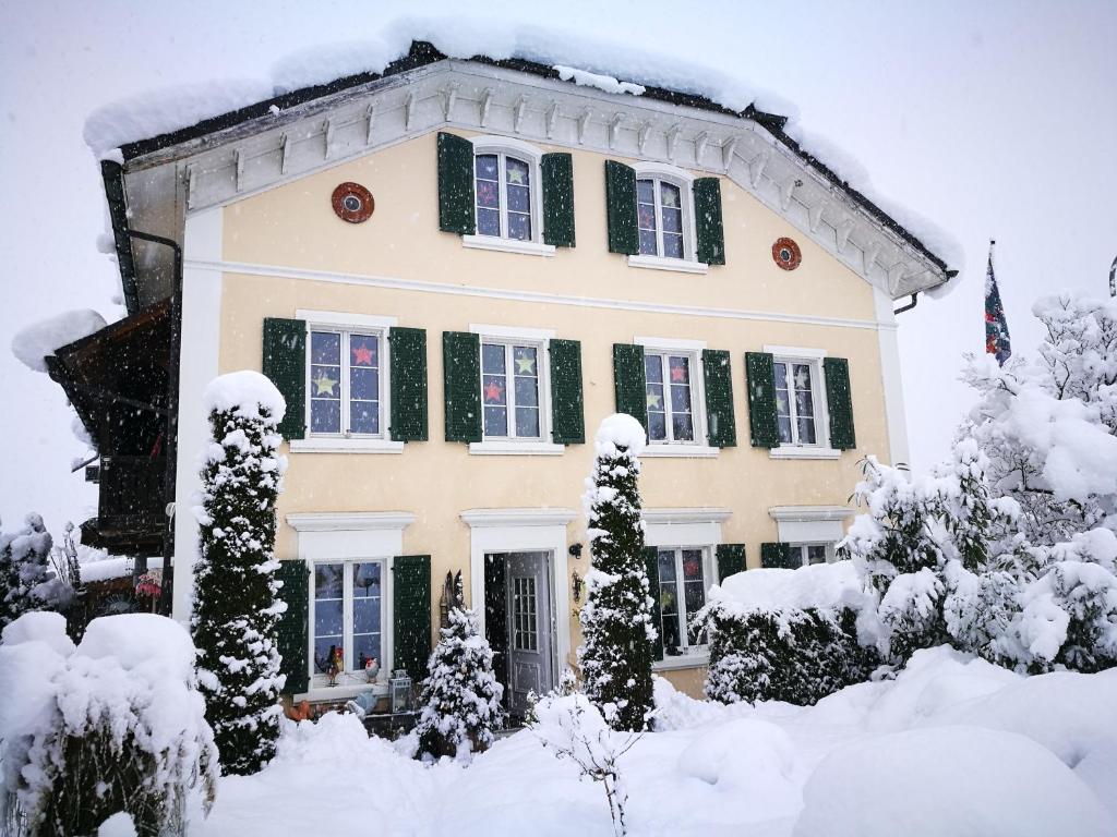 瓦尔腾斯堡Ferienwohnung Waltensburg的雪中带绿色百叶窗的房子