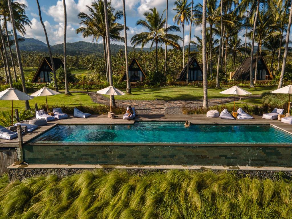 BalianDesa Cabins的棕榈树度假村的游泳池