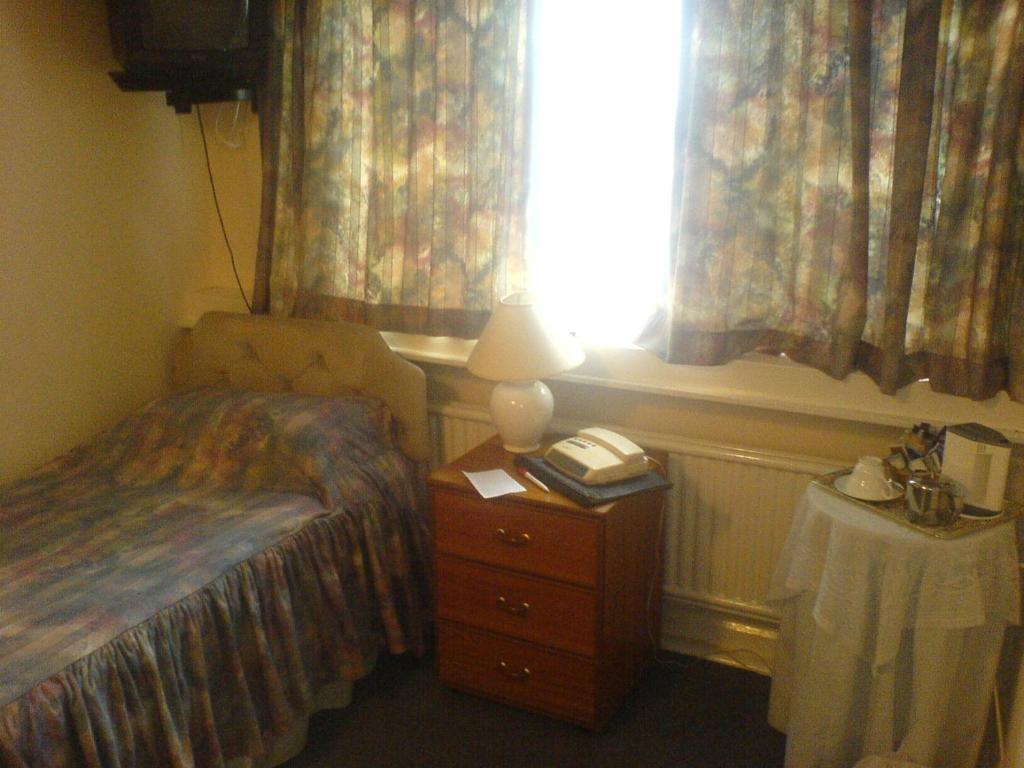蒙哥马利Dolforwyn Hall的一间卧室配有床、灯和窗户