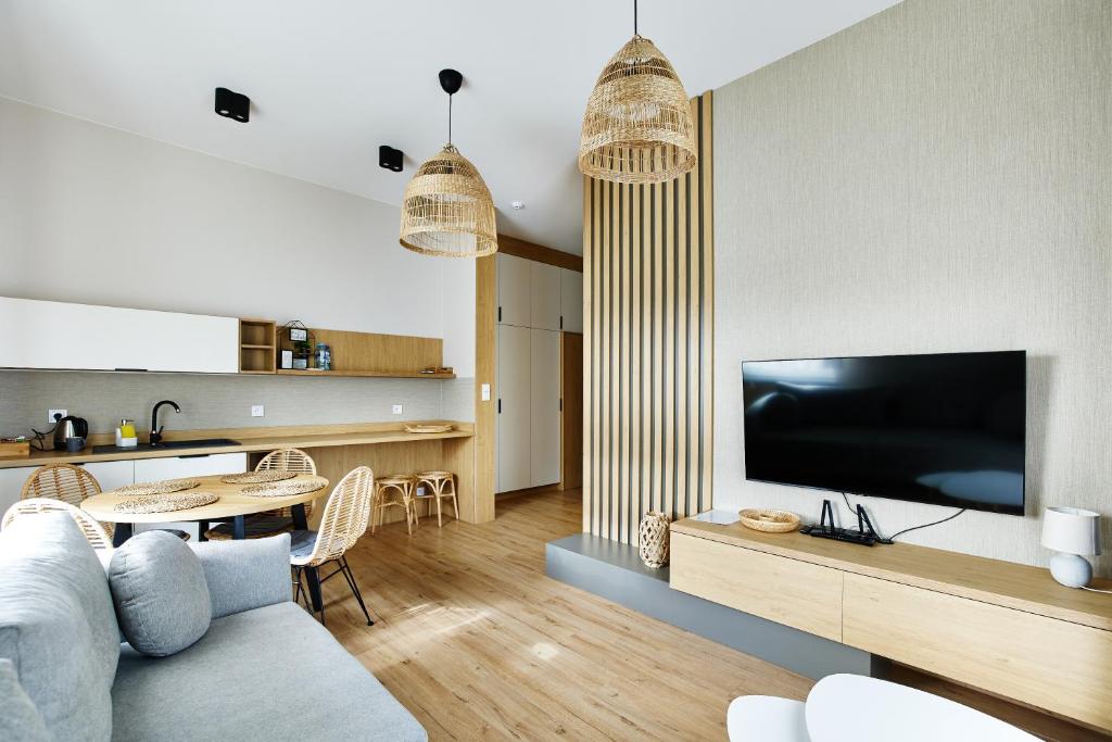 KonopnicaResort Zacisze Apartamenty的带沙发和电视的客厅