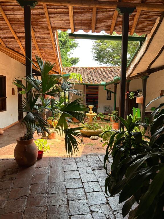 巴里查拉Nacuma Garden Hostel - Casa Nacuma的一座种植了植物的庭院和一座喷泉