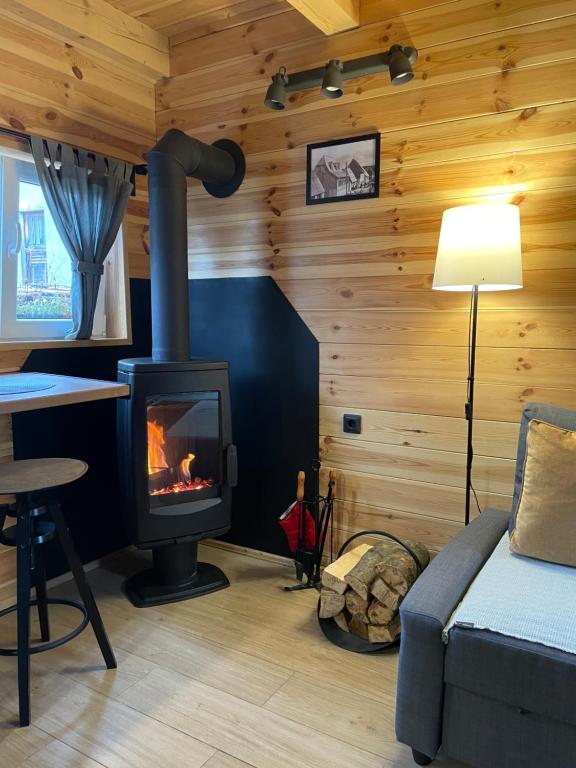 扎布利亚克Guest House Durmitor Paradise的小木屋内带壁炉的客厅