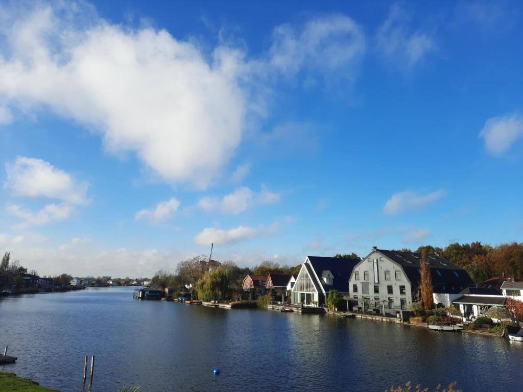 鹿特丹BLRK 285的享有河流美景,设有房屋和建筑