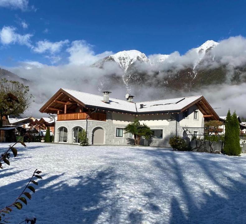 平佐洛B&B Casa il sasso的雪中的房子,有雪覆盖的山