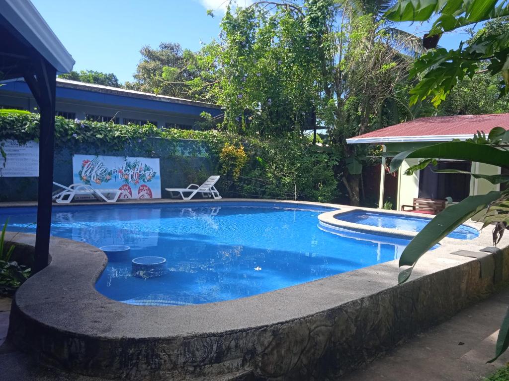 托尔图格罗La Casona Eco-Lodge Tortuguero的游泳池四周环绕着岩石墙
