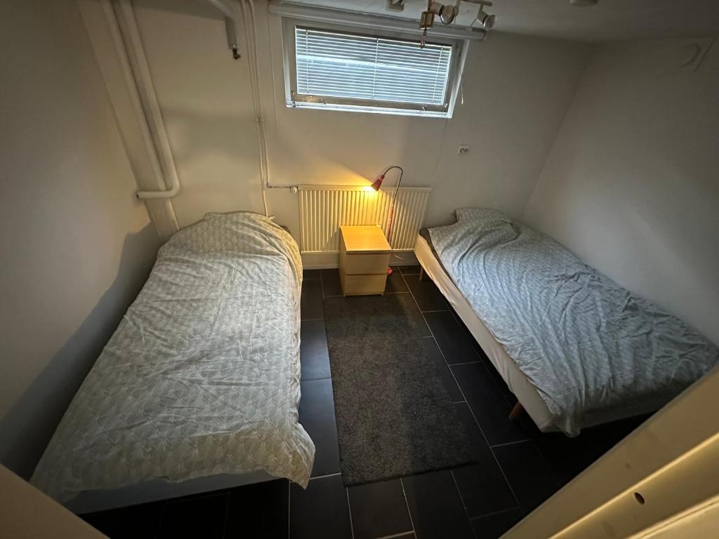 SödervärnRum C的客房设有两张床、一张桌子和一扇窗户。