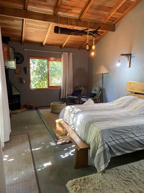 Quarto/suíte com lareira的一间卧室设有一张大床和一个窗户。