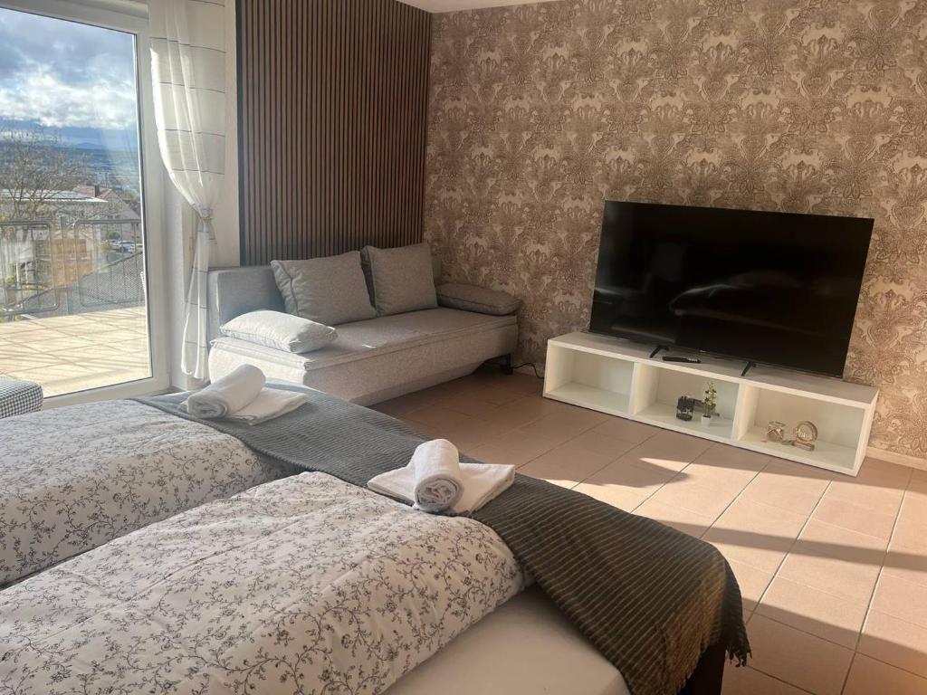 乌尔班Rheinview Sunset in Urbar的客厅配有两张床和一台平面电视