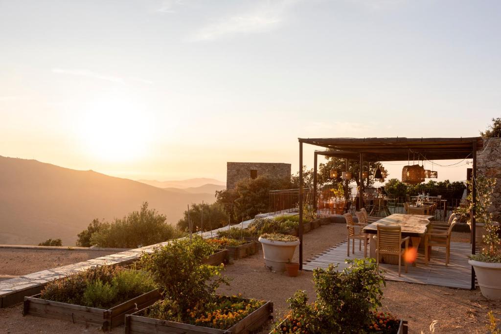 Lama拉丁酒店的一个带桌椅的花园,享有日落美景