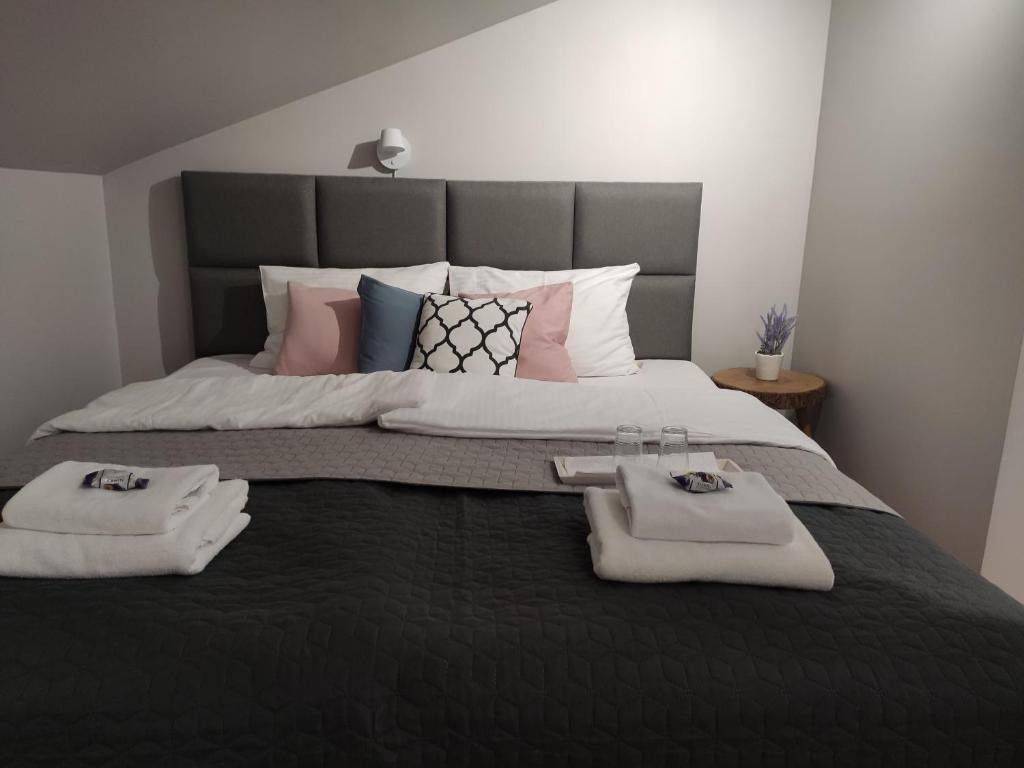 索斯诺维茨Apartamenty Wiejska 126的一间卧室配有一张大床和两条毛巾