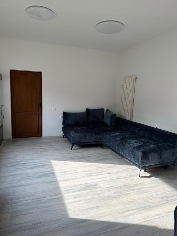 奥托佩尼Airport Confort House的一间客厅,客厅内配有一张黑色沙发