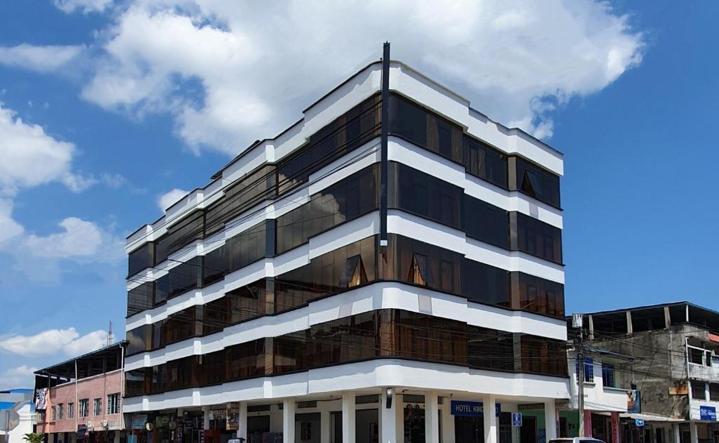 新洛哈Hotel King David Ecuador的一条高大的黑白建筑,位于城市街道上