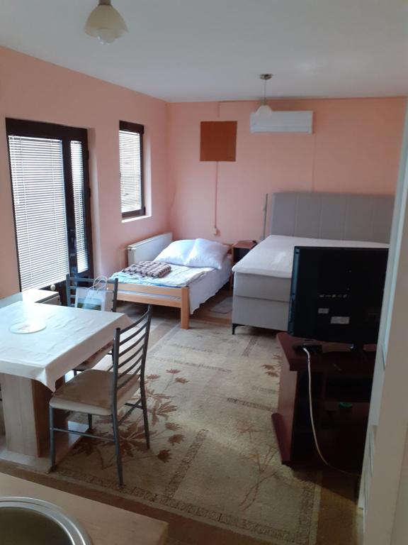 伊万尼察Apartman Dušica的小房间设有一张床铺和一张桌子,还有一间卧室