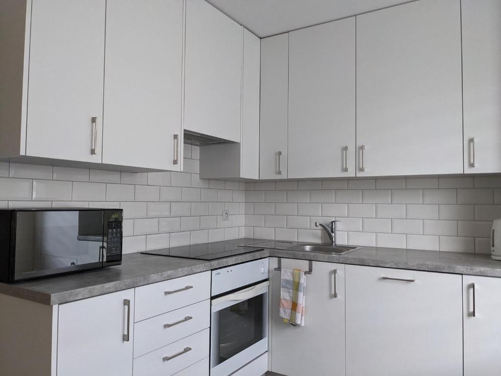 彼得库夫特雷布纳尔斯基Rigel Rooms的白色的厨房配有白色的橱柜和微波炉