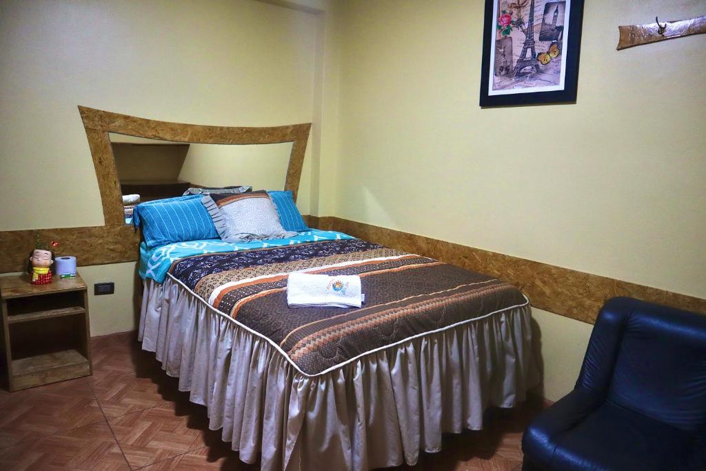 瓦努科HOSTAL SOL & LUNA的一间卧室配有一张床和一把椅子