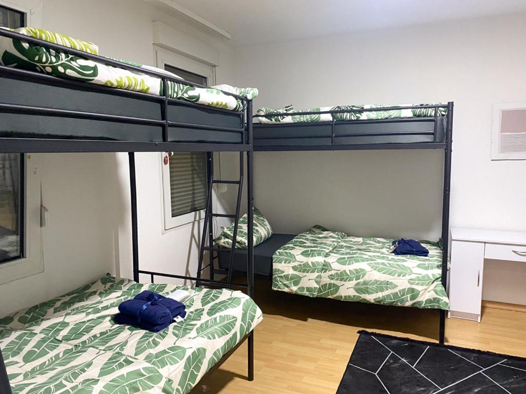 伍珀塔尔Shared Serenity accommodation的配有两张双层床的客房,配有两袋