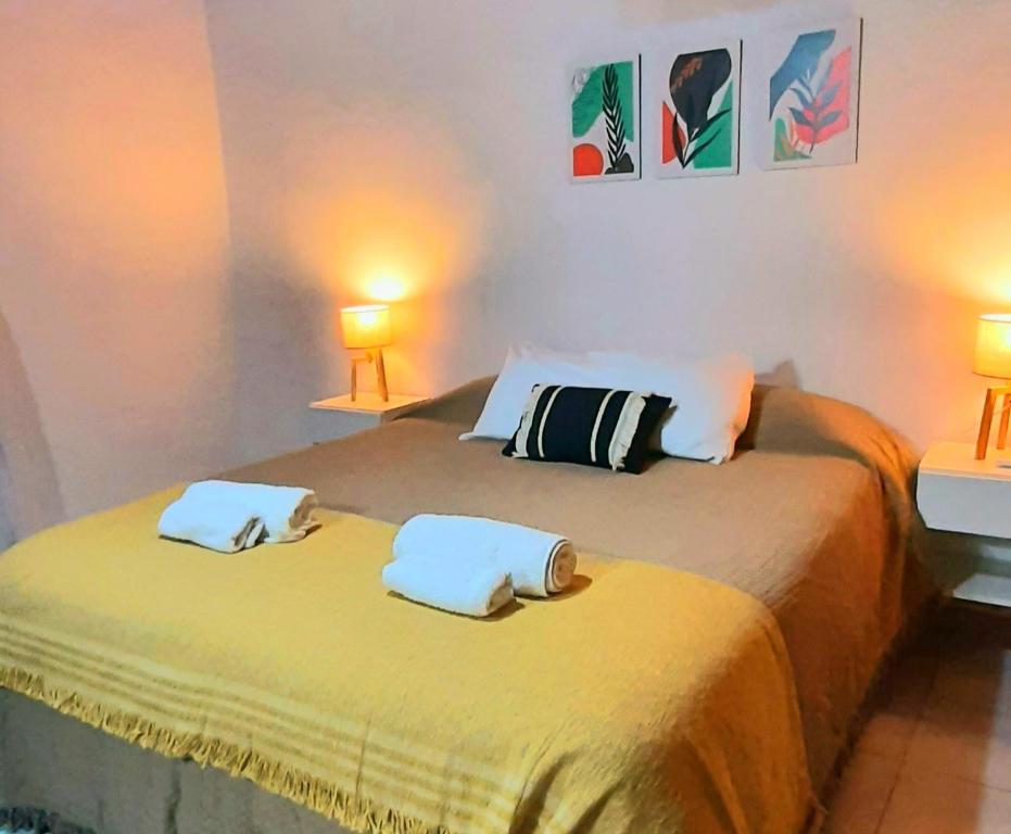 门多萨CASA CÉNTRICA RIOJA ,Patio Parrilla, Zona Residencial, Parking privado gratis a 100 mts的一间卧室配有两张带毛巾的床